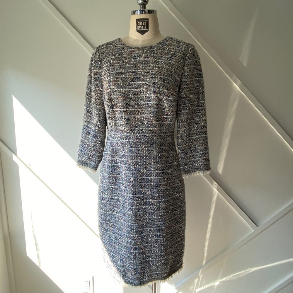 By Malene Birger Bouclé Tweed Dress Approx M Blue Silver Metallic Fringe Luxury
